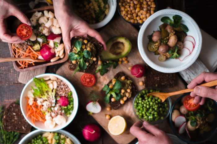 Overhead view of foods that are included in a clean eating diet.
