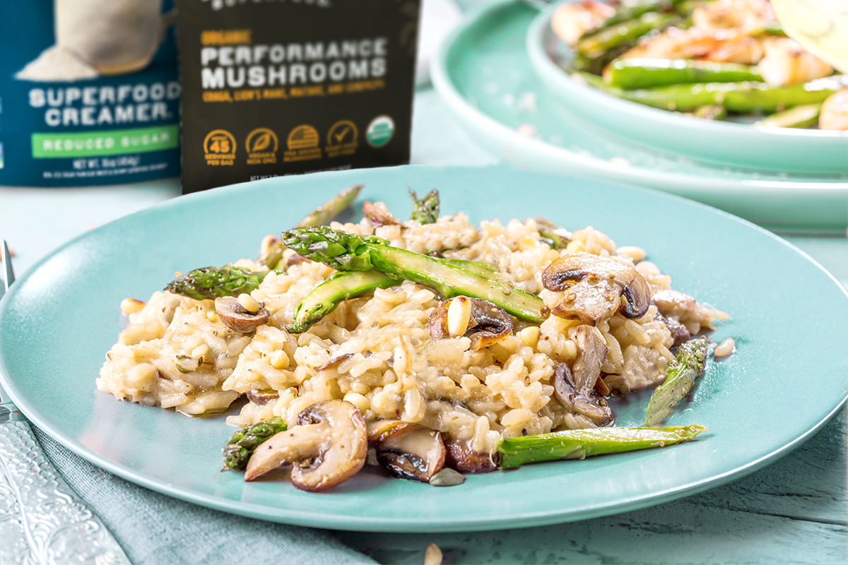 Reduced Sugar Creamer with Performance Mushroom, Oyster Mushrooms & Asparagus Risotto