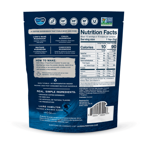 Laird Superfood sweet and creamy superfood creamer with adaptogens back of package.