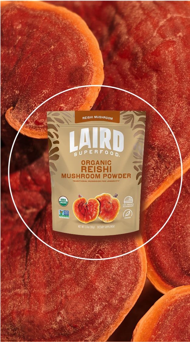 Laird Superfood organic reishi mushroom powder with a reishi mushroom background
