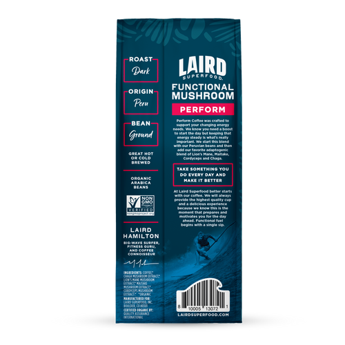 Functional Mushroom Coffee Perform Dark Roast Ground Back of Packaging