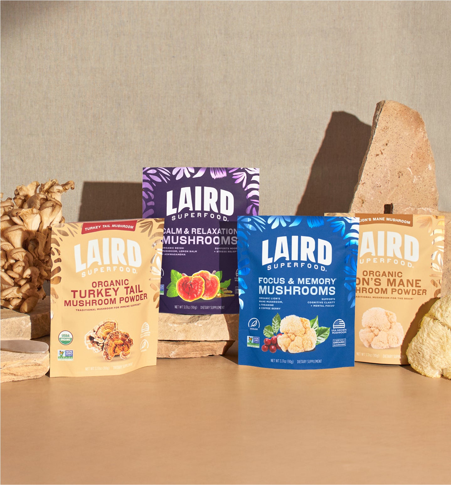 Collection of Laird Superfood mushroom powders.