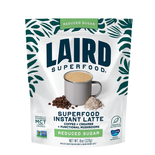 Laird Superfood instant latte package featuring a creamy latte blend with natural ingredients and a vibrant design.