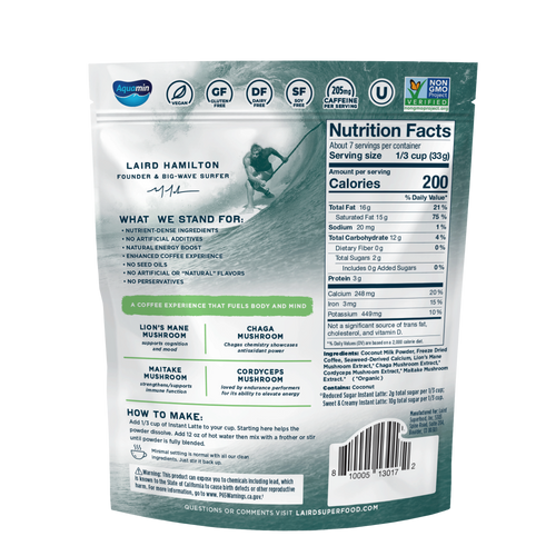 Laird Superfood instant latte, showcasing a convenient package with a rich latte blend and appealing graphics