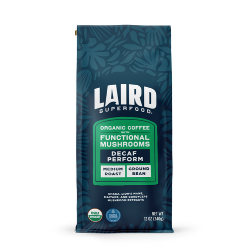 Laird Superfood decaf medium roast ground coffee with functional mushroom extracts in blue-green bag, 12 oz