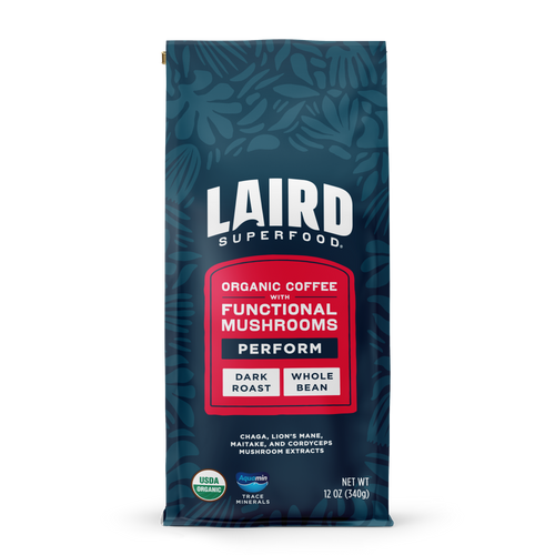 Laird Superfood whole bean dark roast coffee with functional mushroom extracts and aquamin in blue-red bag, 12 oz