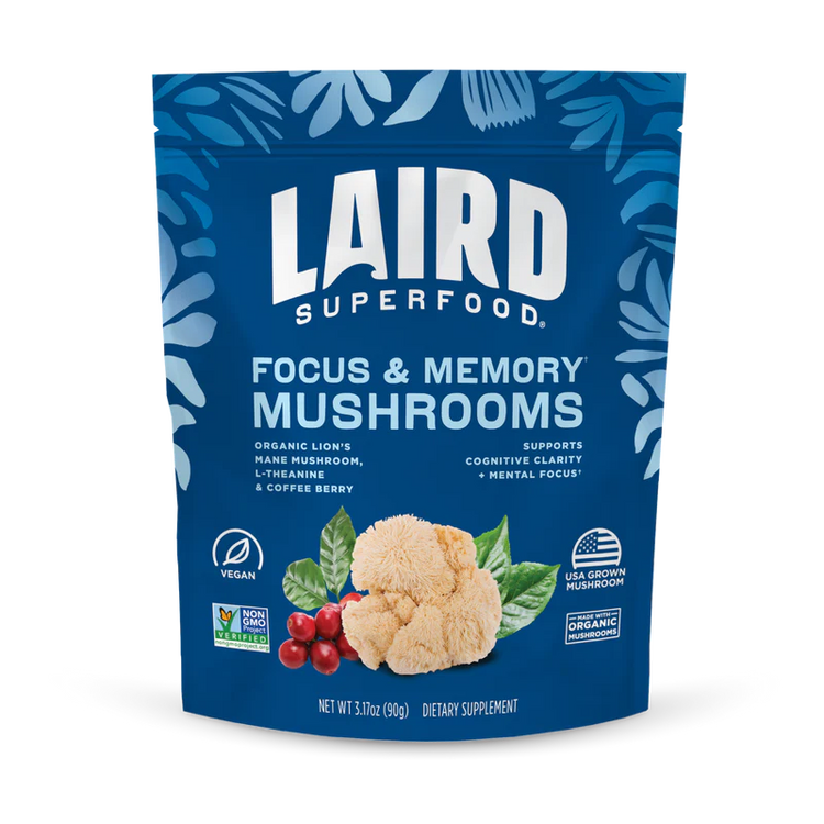 front view of Laird Superfood focus and memory mushroom powder bag.