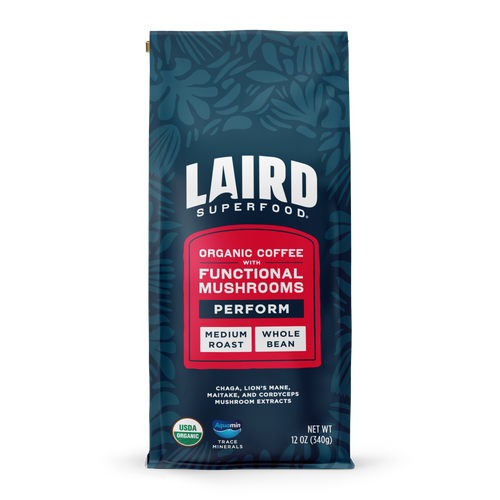 Laird Superfood whole bean medium roast coffee with functional mushroom extracts and aquamin in blue-red bag, 12 oz