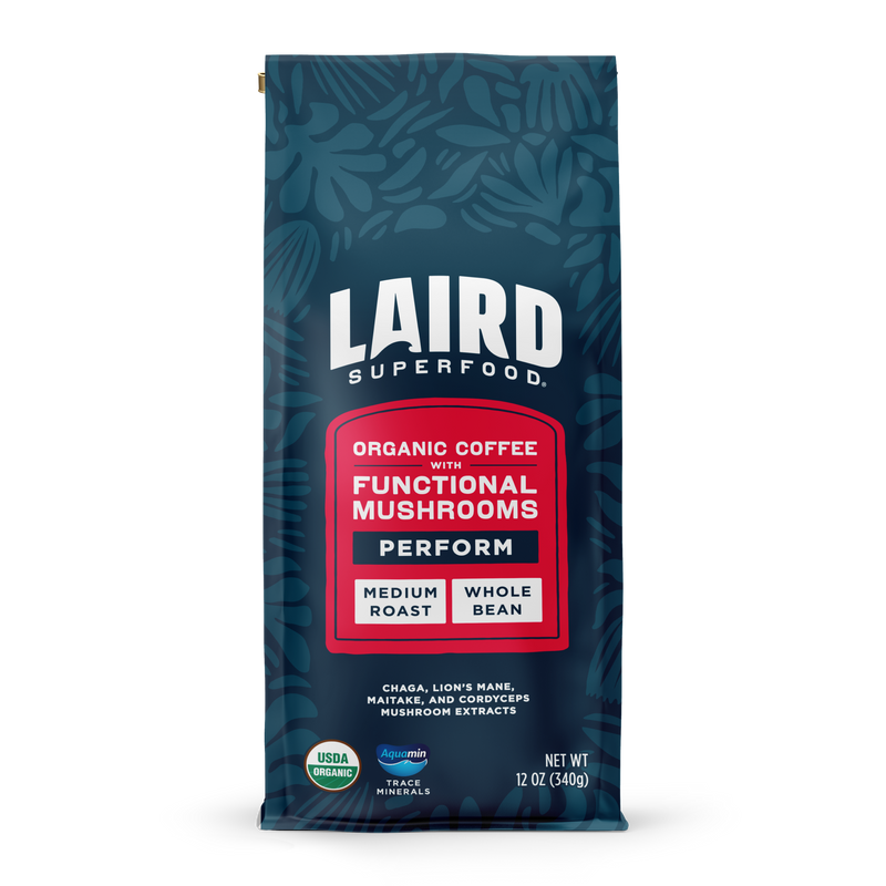 Laird Superfood whole bean medium roast coffee with functional mushroom extracts and aquamin in blue-red bag, 12 oz