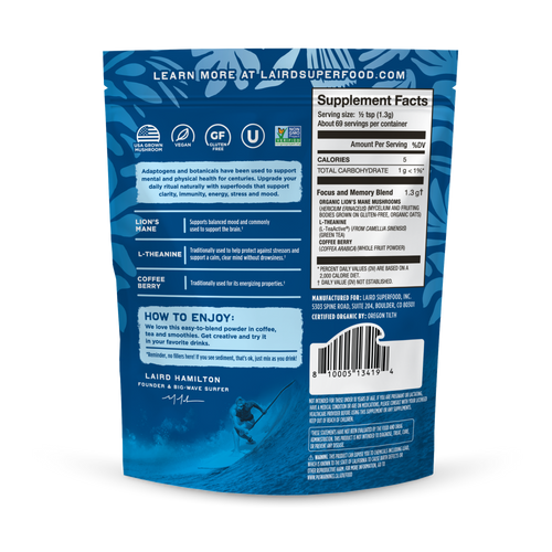 Laird Superfood focus and memory mushroom blend back of pack