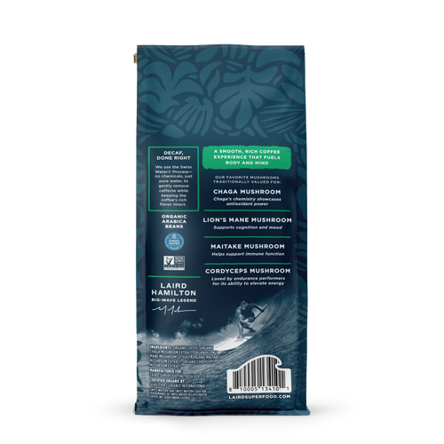 Back view of decaf coffee bag with blue leafy pattern, highlighting organic Arabica beans and mushroom blend benefits.