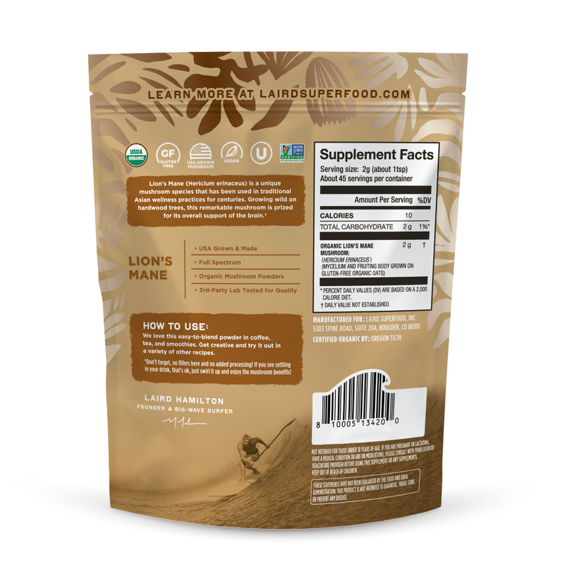 Laird Superfood organic lion's mane mushroom powder back of package.