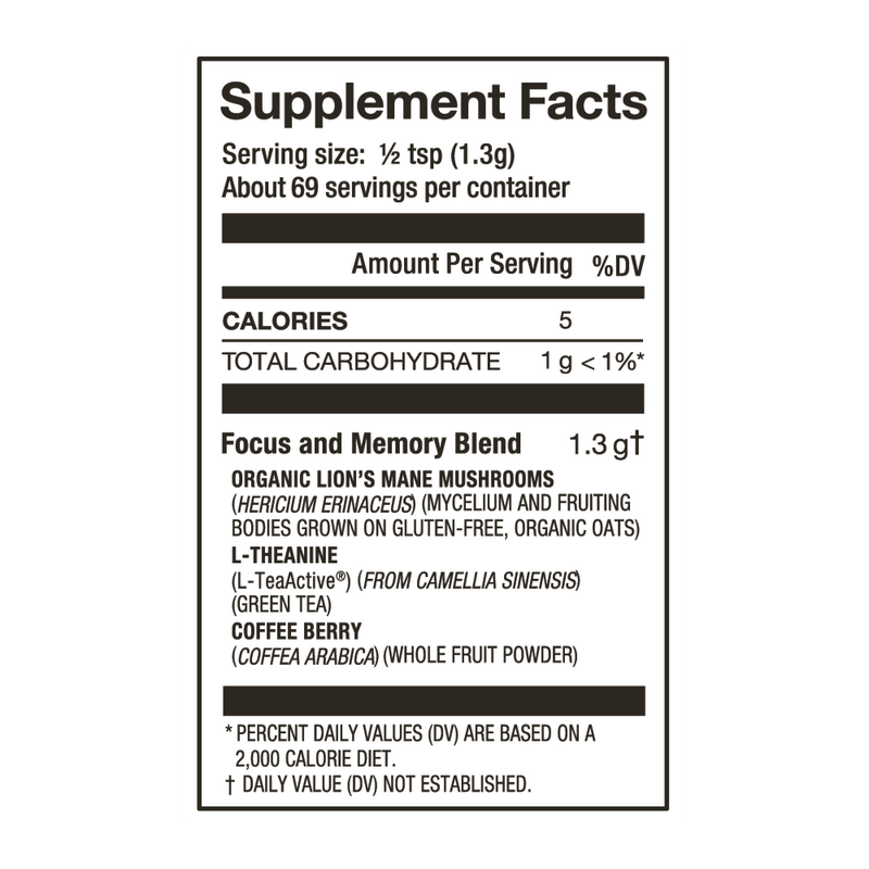 Laird Superfood focus and memory mushroom blend nutritional facts.
