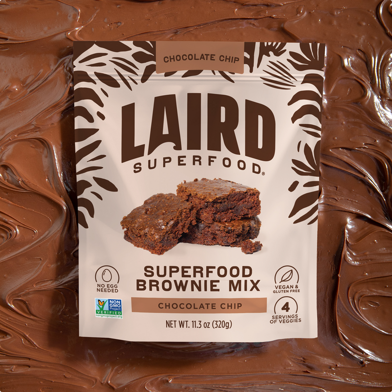 Laird Superfood brownie mix on top of brownie batter