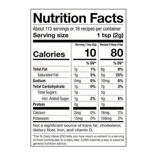 Nutrition facts label for a product with serving size, calories, and nutritional content details.