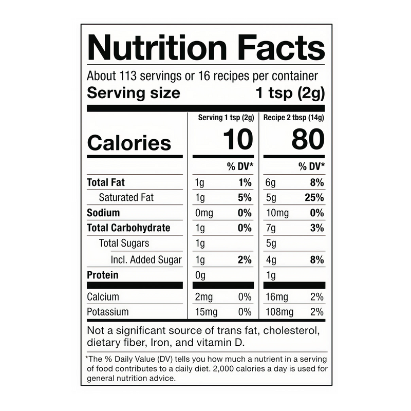 Nutrition facts label for a product with serving size, calories, and nutritional content details.