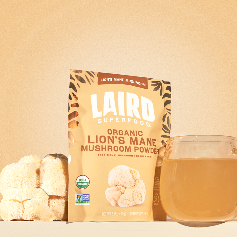 Laird Superfood lion's mane mushroom powder with the mushroom and a glass mug of the mushroom mix in water.