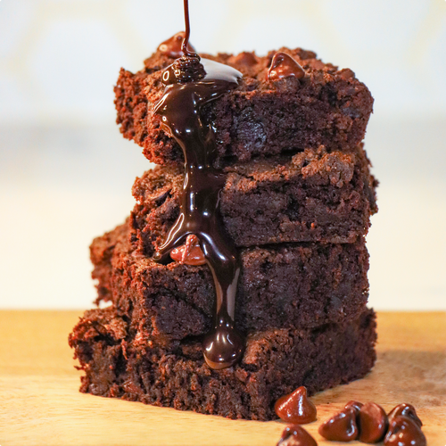 Laird Superfood brownies stack with melted chocolate drizzling on top