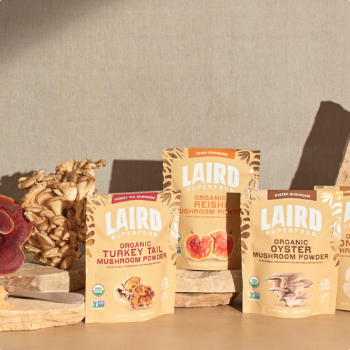 collection of Laird Superfood organic mushroom powders.