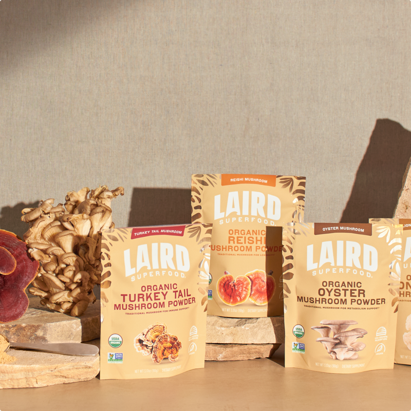 collection of Laird Superfood organic mushroom powders.