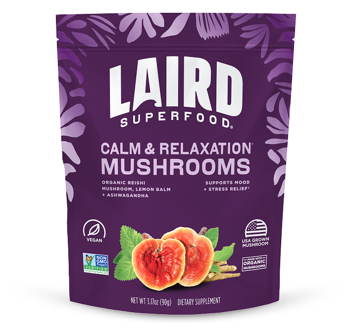 front view of Laird Superfood calm and relaxation mushroom powder bag.