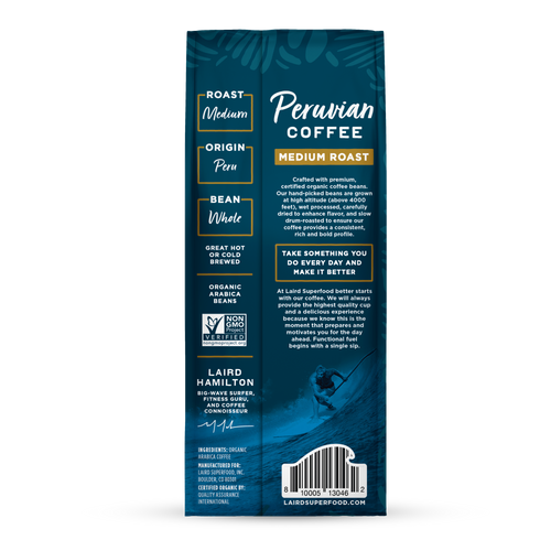 Peruvian Medium Roast Whole Bean Coffee 12 oz Back of Packaging