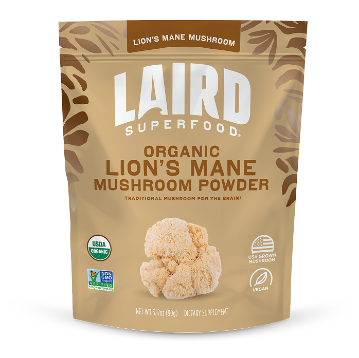 front view of Laird Superfood organic lion's mane mushroom powder bag.