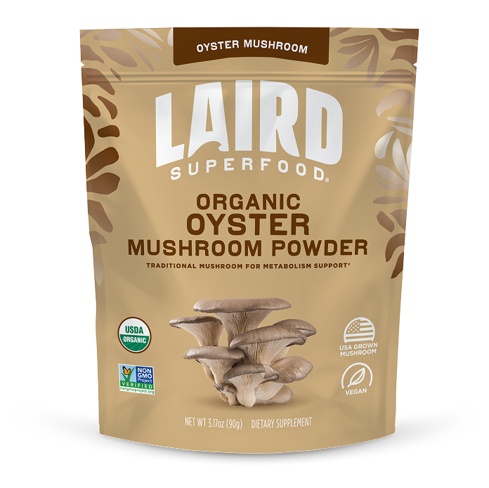 front view of Laird Superfood organic oyster mushroom powder bag.