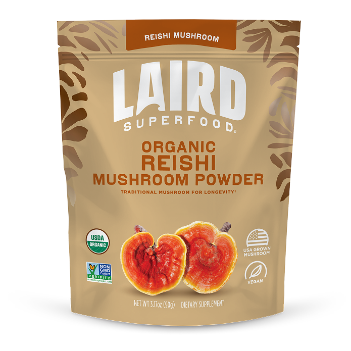 front view of Laird Superfood organic reishi mushroom powder bag.