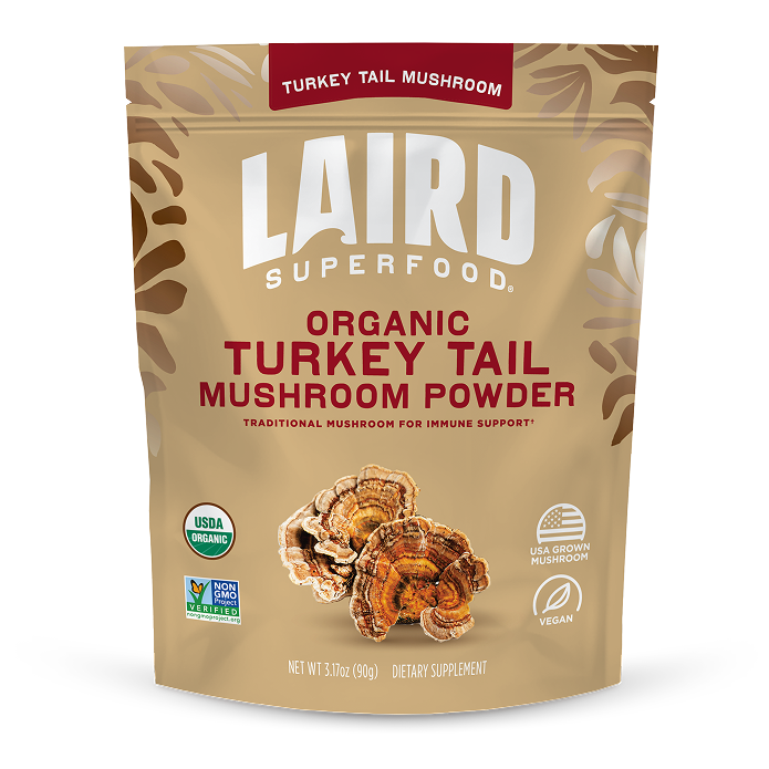 front view of Laird Superfood organic turkey tail mushroom powder bag.