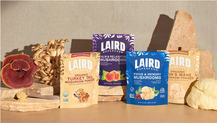 Collection of Laird Superfood mushroom powders.