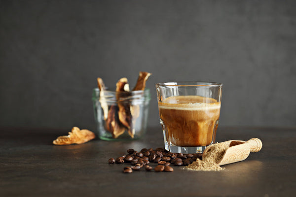 An iced latte made at home with adaptogenic mushrooms