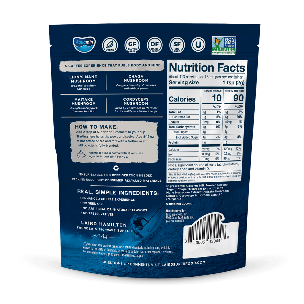 Laird Superfood sweet and creamy superfood creamer with adaptogens back of package. 