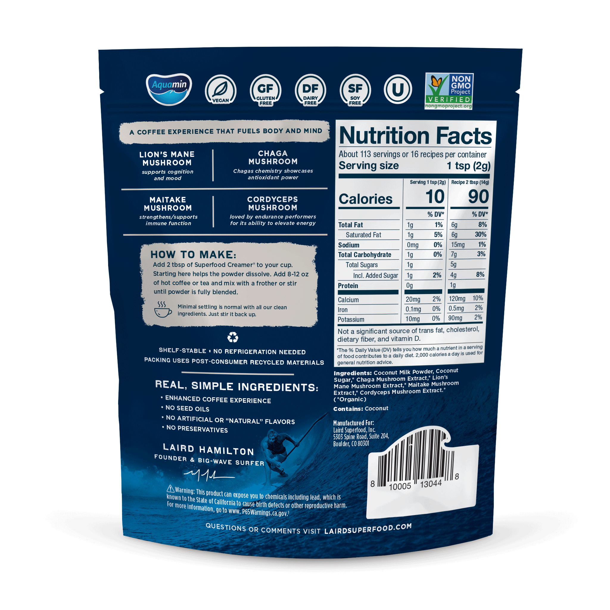 Laird Superfood sweet and creamy superfood creamer with adaptogens back of package. 