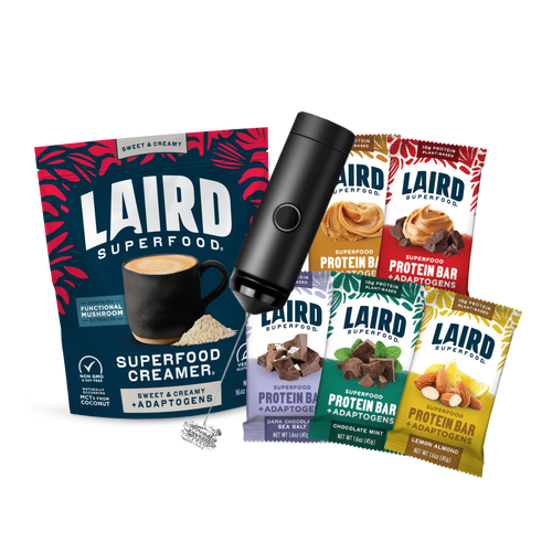 A Variety of Protein Bars and Laird Superfood's Sweet and Creamy Superfood Creamer with Adaptogens, bundled with a free frother