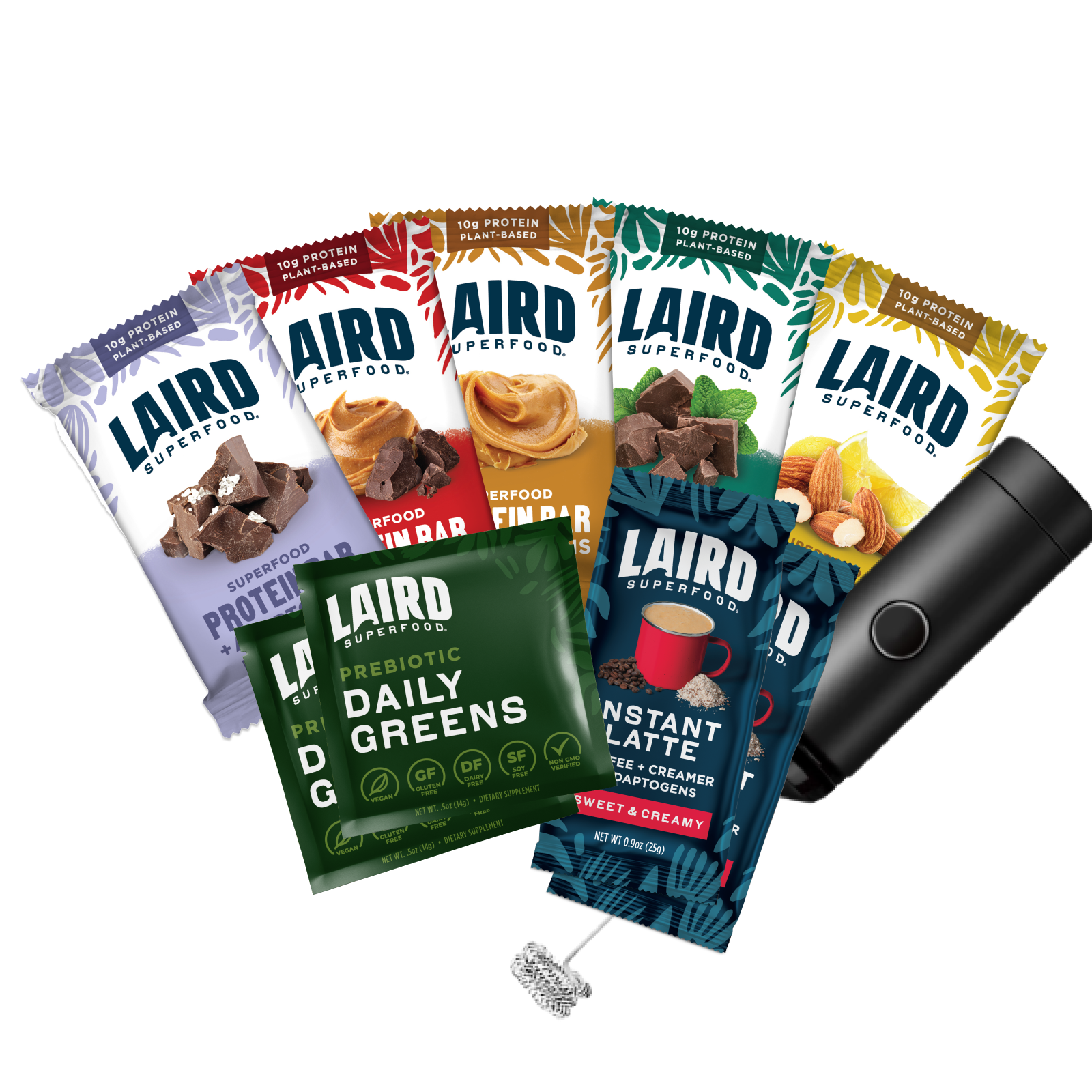 Laird Superfood protein bars, daily green single serving packets, and instant latte packets on a white background with a free frother included
