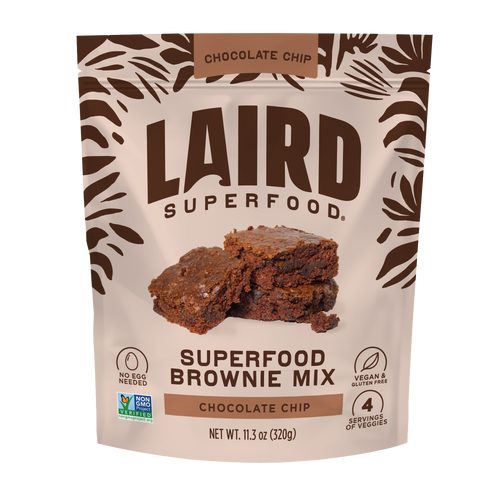 the front of the back of Laird Superfood Chocolate Chip Brownie Mix packaging