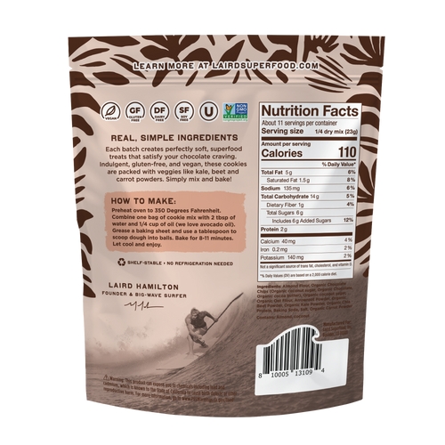 the back of Laird Superfood double chocolate chip cookie mix packaging