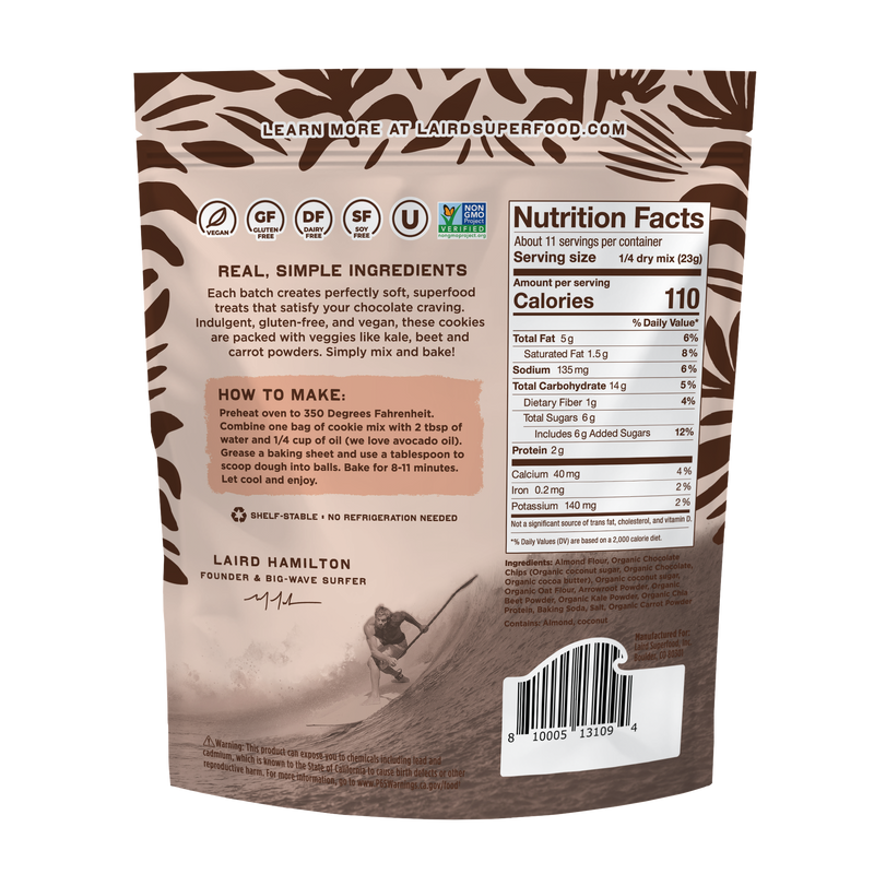 the back of Laird Superfood double chocolate chip cookie mix packaging