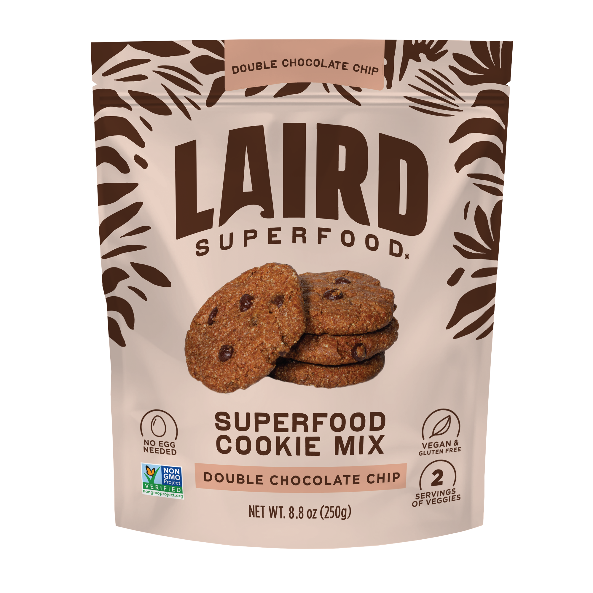 the front of Laird Superfood double chocolate chip cookie mix packaging