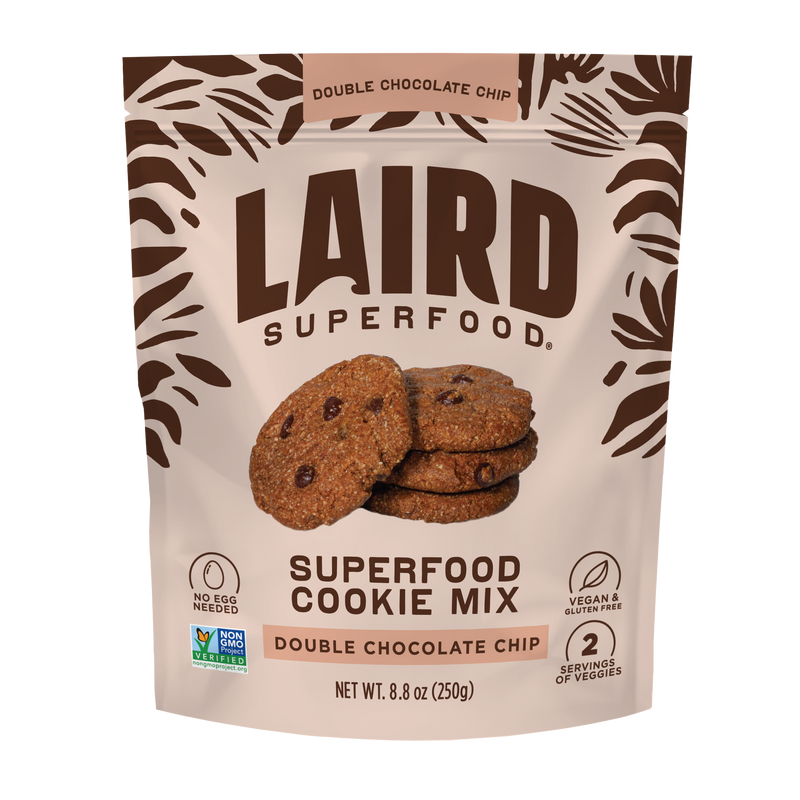 the front of Laird Superfood double chocolate chip cookie mix packaging