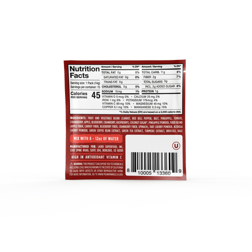 Antioxidant Daily Reds single serving packet showing nutritional facts