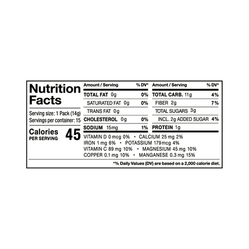 Antioxidant Daily Reds single serving packet nutrition fact panel
