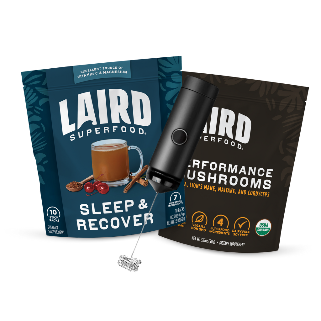 Performance Mushrooms and Laird Superfood's Sleep and Recover bundle, with free frother included