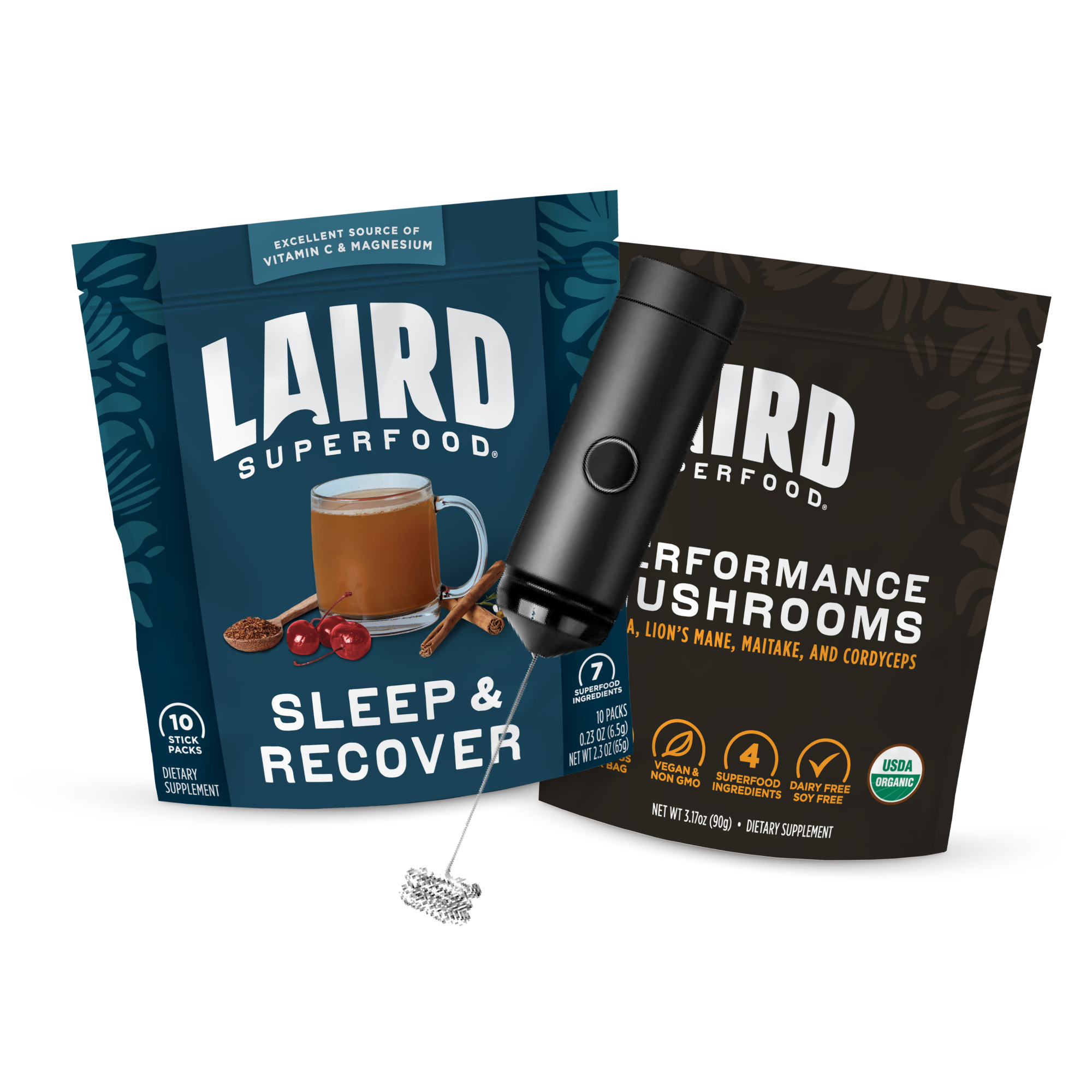 Performance Mushrooms and Laird Superfood's Sleep and Recover bundle, with free frother included