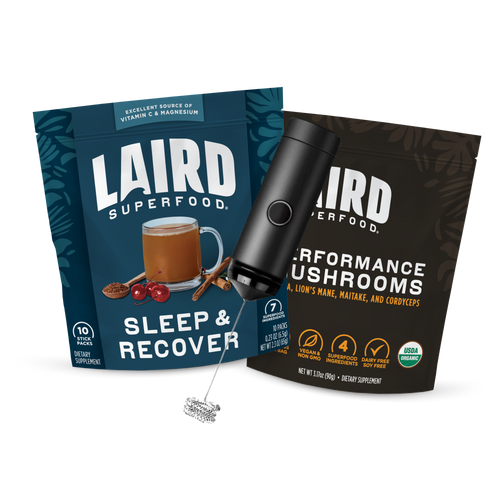 Performance Mushrooms and Laird Superfood's Sleep and Recover bundle, with free frother included