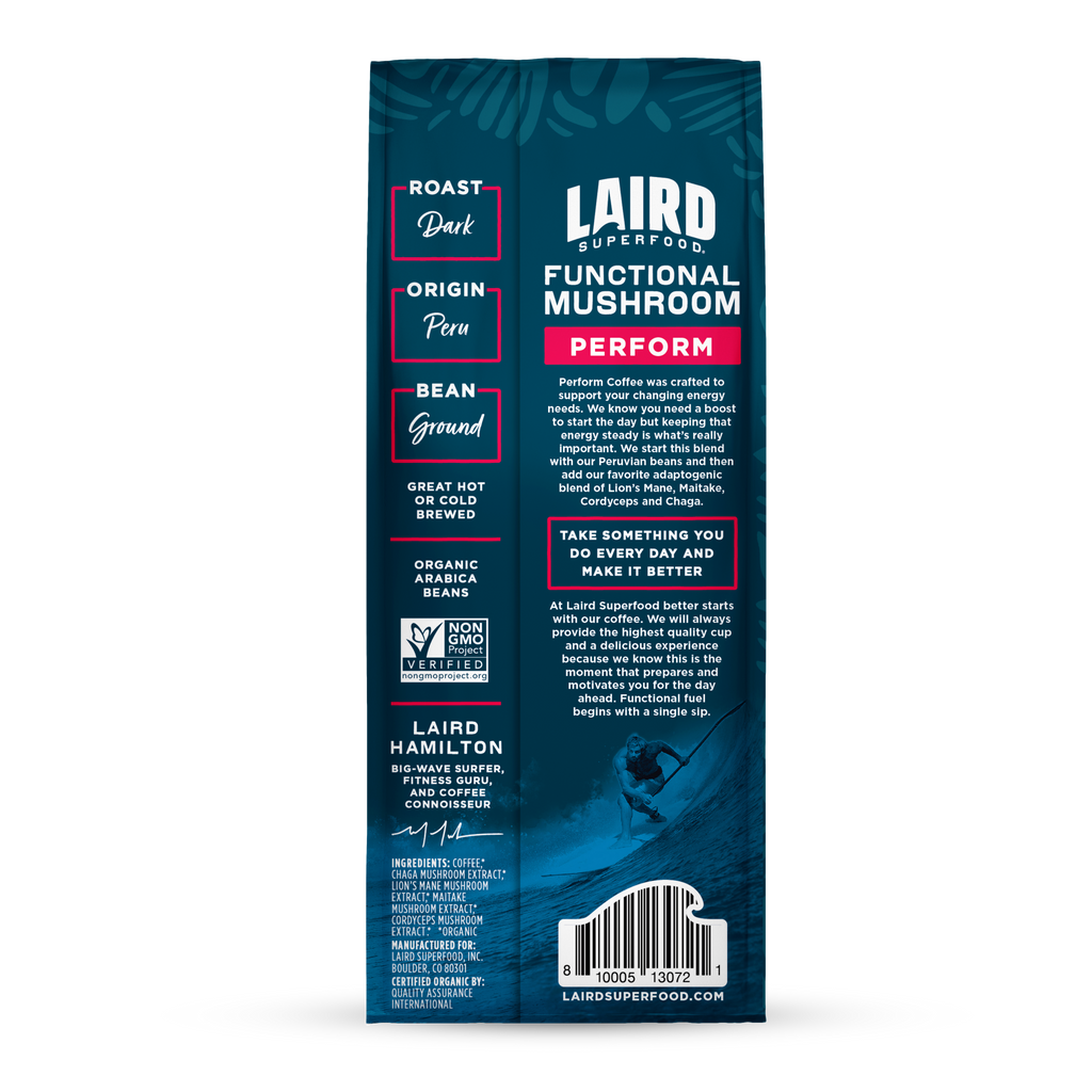 Functional Mushroom Coffee Perform Dark Roast Ground Back of Packaging