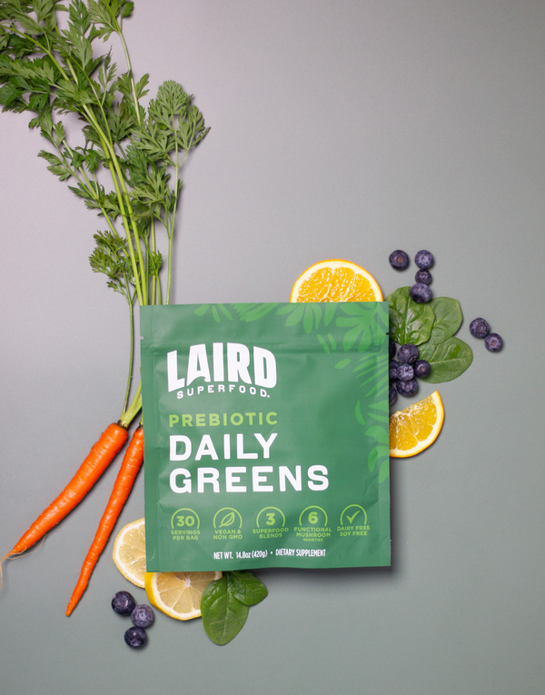 Daily Greens Sachet on fruits and vegetables. 