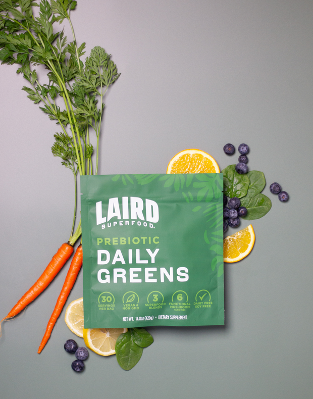 Daily Greens Sachet on fruits and vegetables. 