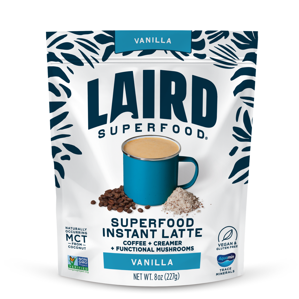 Instant latte mix from Laird Superfood, featuring a creamy texture and rich flavor, ideal for a quick coffee alternative.
